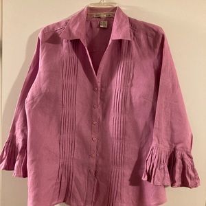 100% Linen 3/4 pleated bell sleeve collared shirt/top.